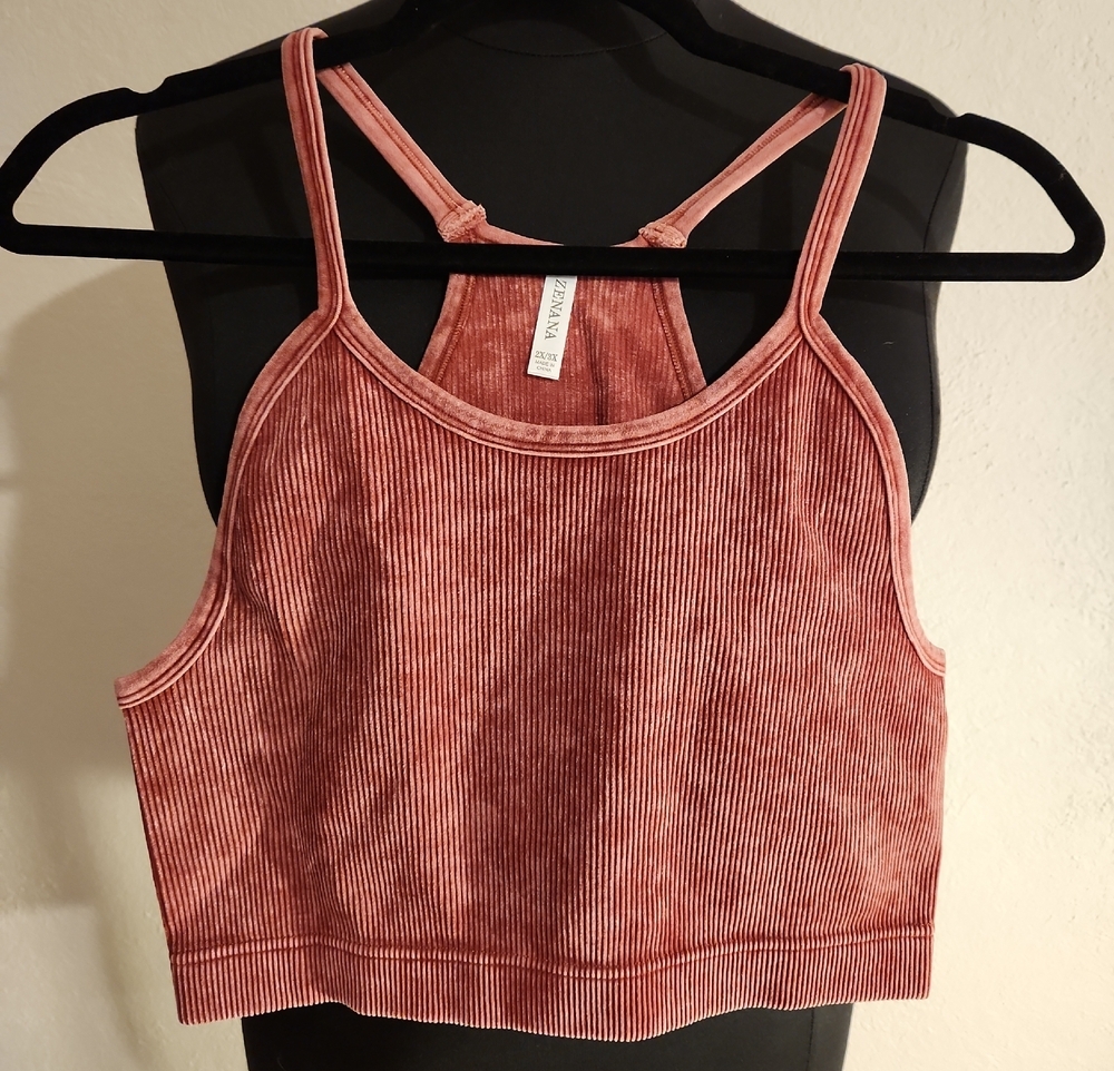 Zenana Outfitters Ribbed Crop Tank Top Mineral Wash Rust 2X 3X
